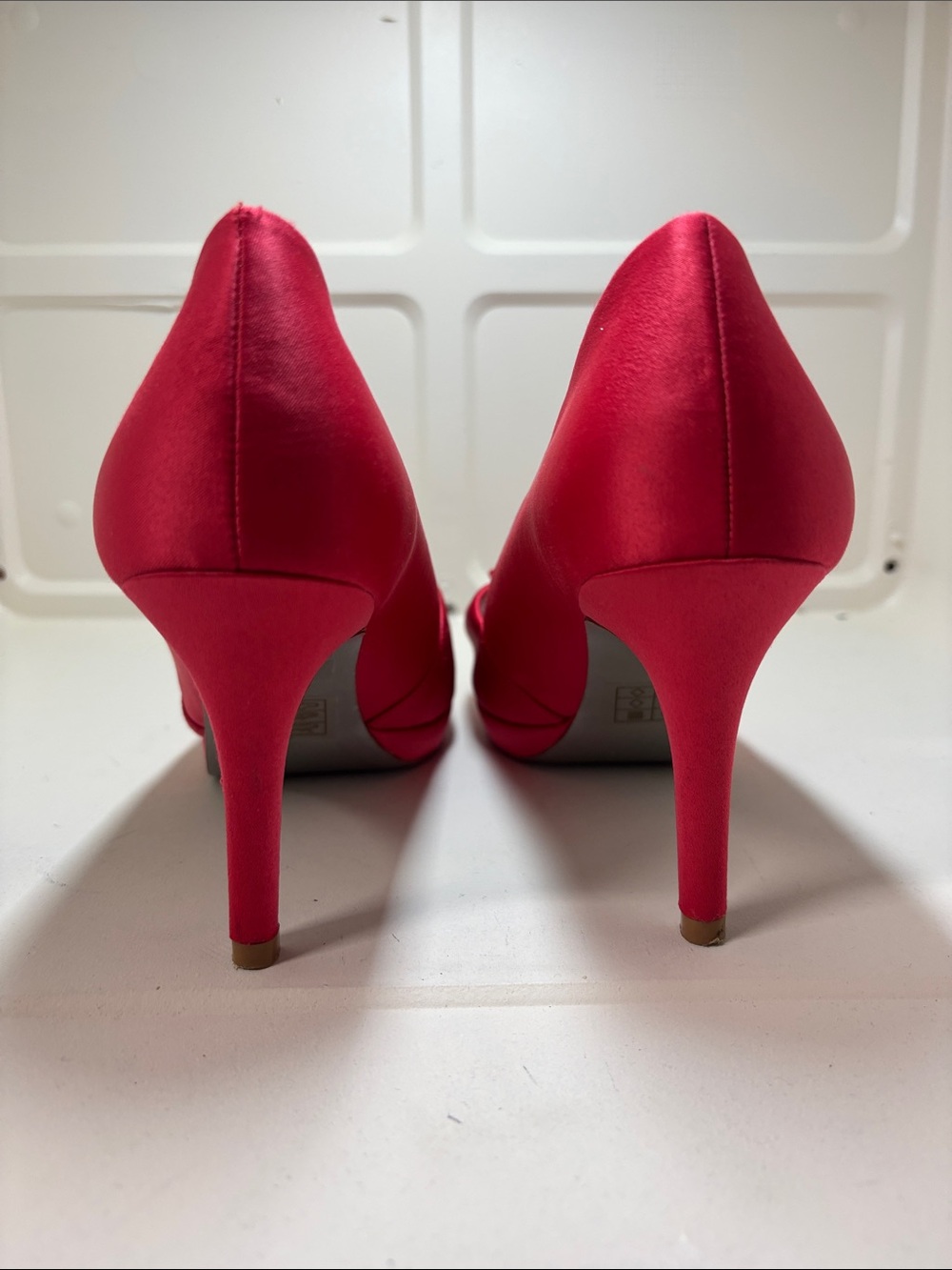 Red Satin Peep-Toe Heels with Bow Accent party occasion, trendy chic date night - Picture 5 of 6